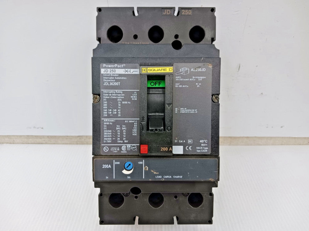 New Square D PowerPact 200 Amp Circuit Breaker 3P 600 VAC / 250 VDC JDL36200T