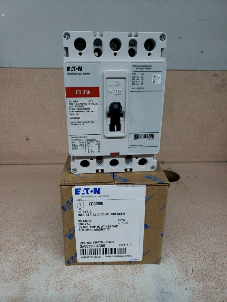 Eaton FD3090L 3 Pole 90 Amp 600 Vac Circuit Breaker New !