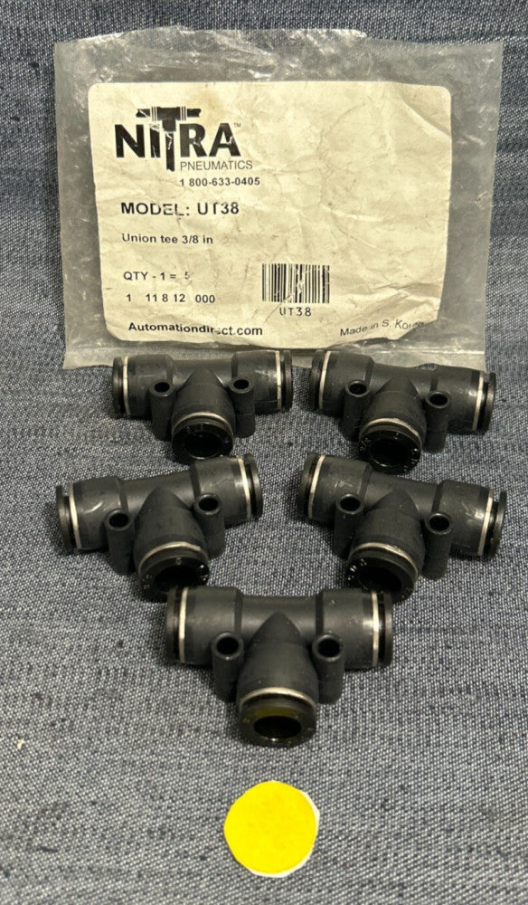 NITRA PNEUMATICS PUSH TO CONNECT UNION TEE  3/8"  MODEL UT38  LOT OF 5