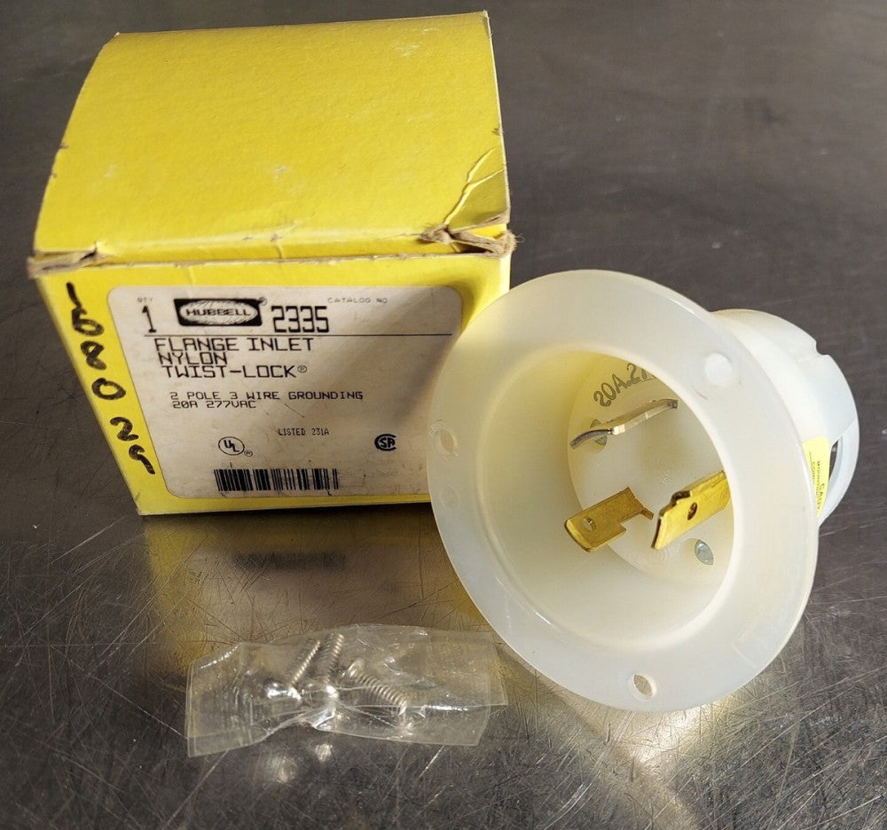 Hubbell 2335 Flange Inlet Nylon Twist Lock. 2 Pole 3 Wire 20A 277VAC