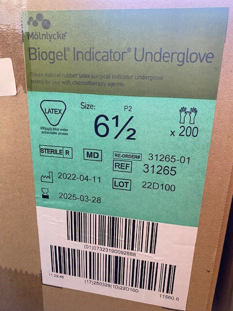 200 PAIR - MOLNLYCKE 31265 Biogel Pl Indicator Latex Underglove SZ 6.5 EXP 3/25