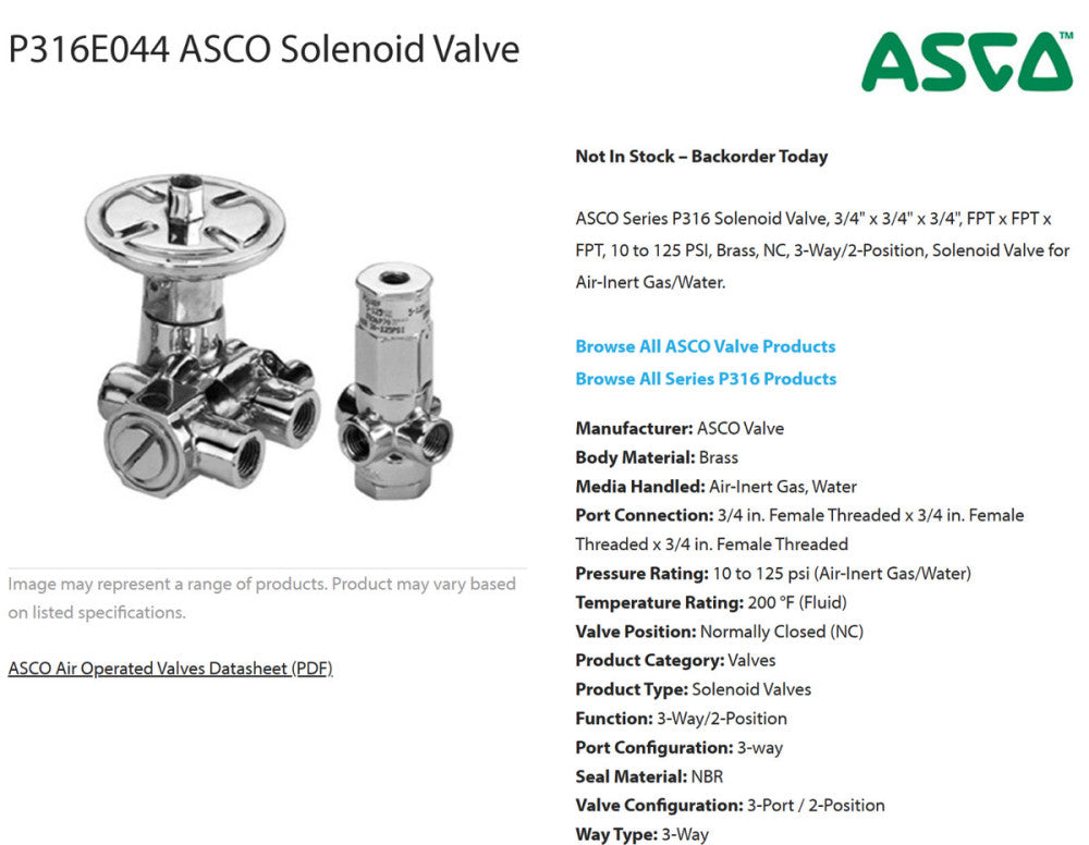 P316 Series ASCO Solenoid Valve Rebuild Kit 180964 FV-218-900 ASCO [C9S4]