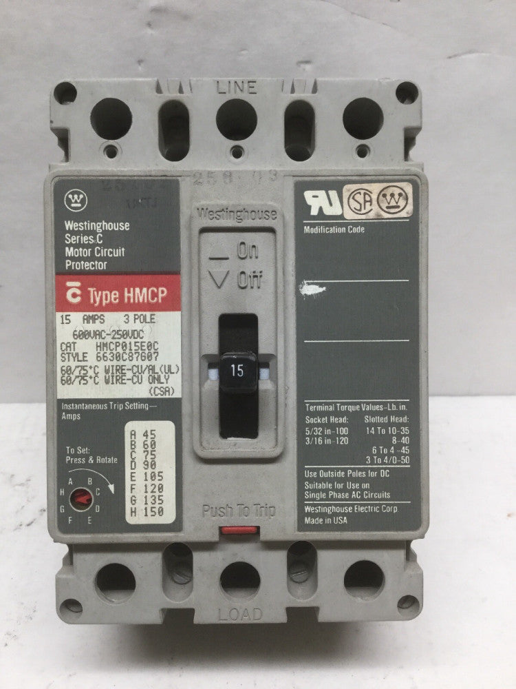 Westinghouse HMCP015EOC Series C 15 AMP Motor Circuit Protector 3 Pole 600VAC GR