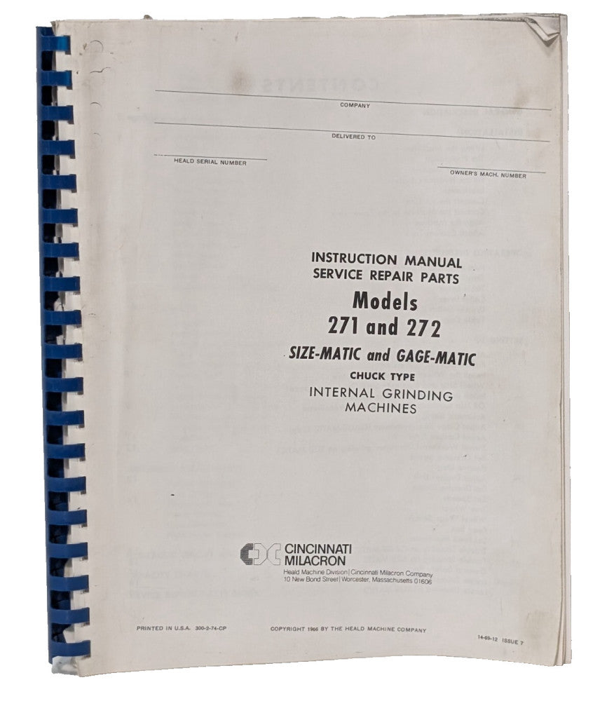 Cincinnati Milacron 271 + 272, Size-Matic + Gage-Matic grinding machines manual