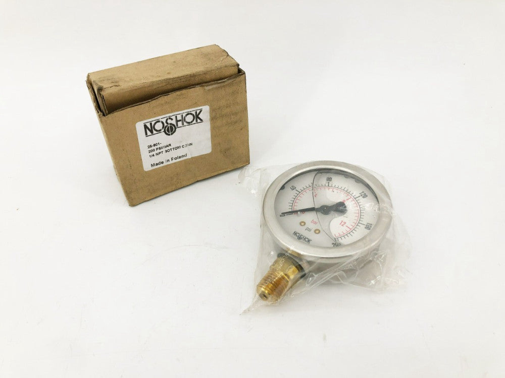 New No Shok 25-901 Pressure Gauge 200psi 1/4" NPT BOTTOM CONN