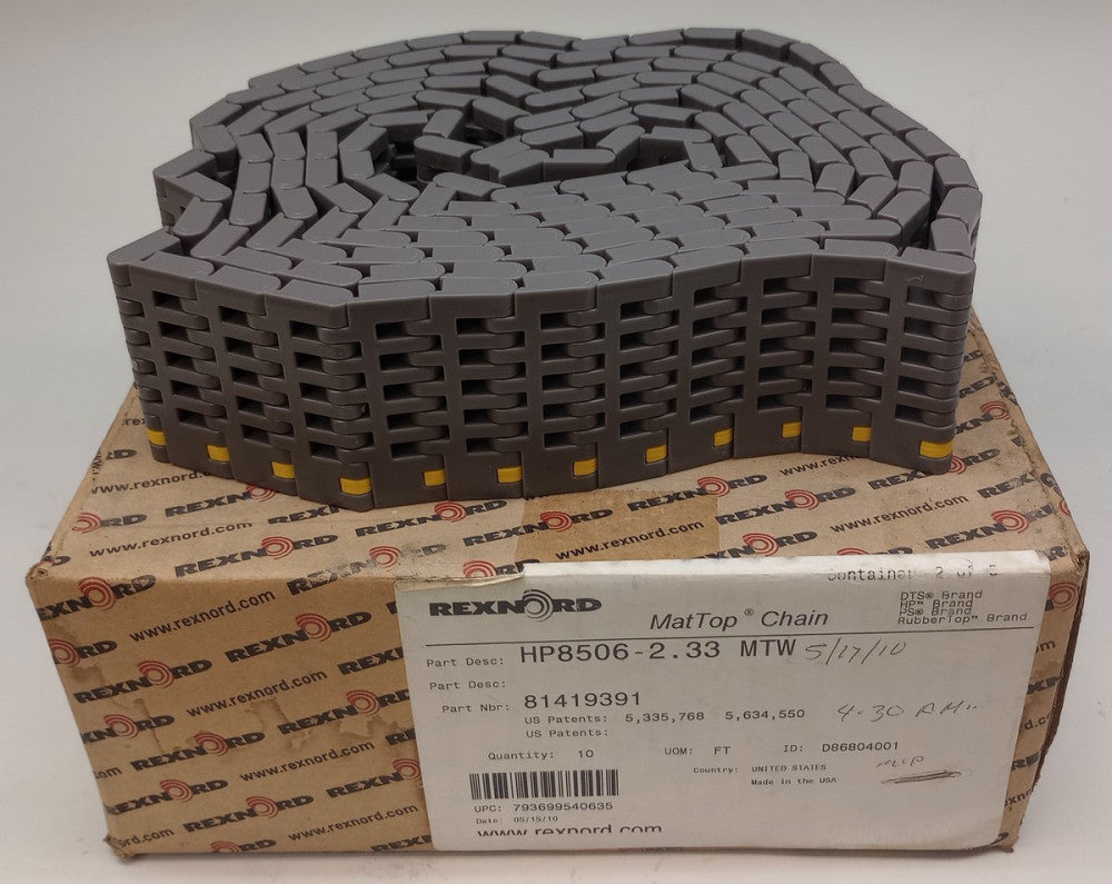 Rexnord 81419391 MatTop Chain Conv Rex HP8506-2.33 MTW 10 FT Length