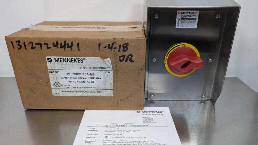 Mennekes ME 306SLP3A-M2 ST Motor Disconnect 10HP 30A 6Pole 600VAC w/ Aux Contact