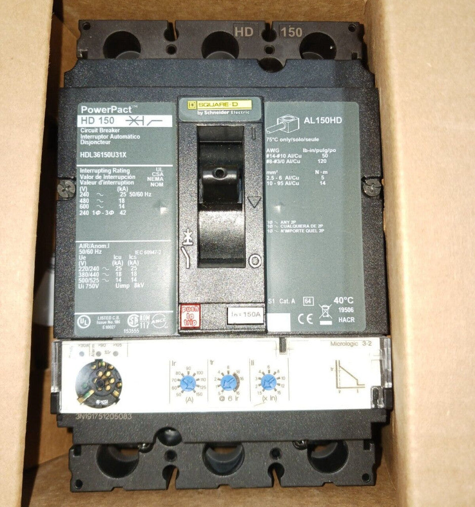 SQUARE D 150 AMP POWERPACT CIRCUIT BREAKER HDL36150U31X 3 POLE 600V 18kA @ 480 V