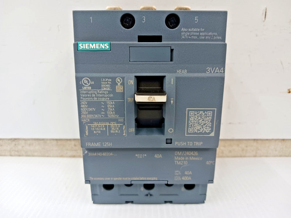 Siemens 40 Amp Bolt-On Circuit Breaker 3 Pole 600Y/347 VAC 3VA4140-6ED34-0AA0