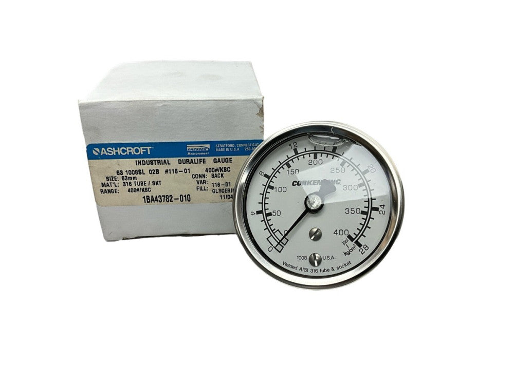 ASHCROFT 63 1008SL 02B #116-01, 400#/KSC, SIZE 63MM, GLYCERIN, 1BA43782-010