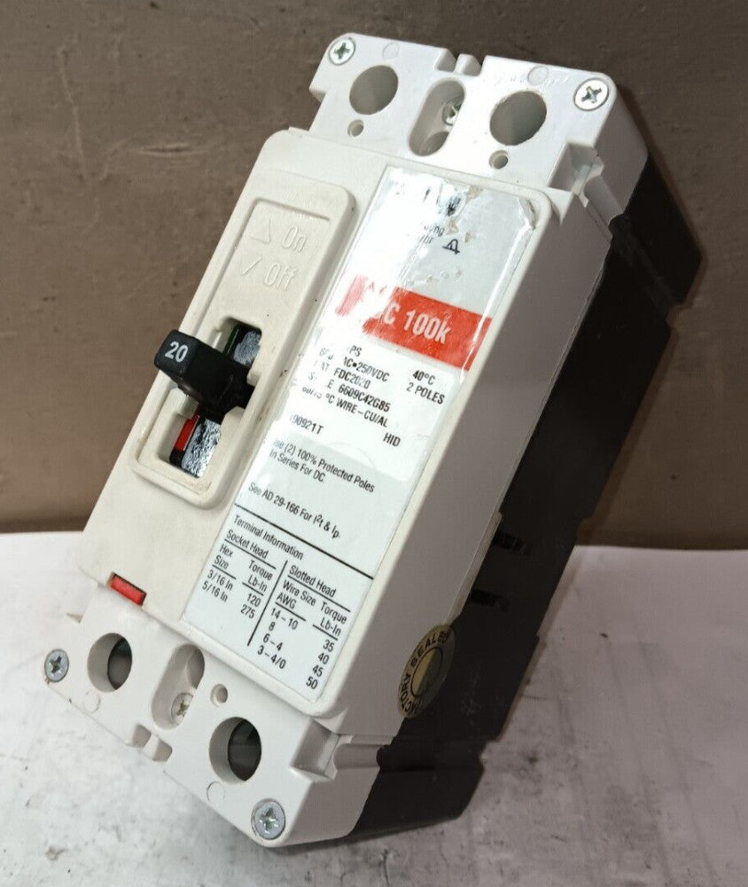 EATON FDC2020 CIRCUIT BREAKER 20 AMP 2 POLE 600 VAC
