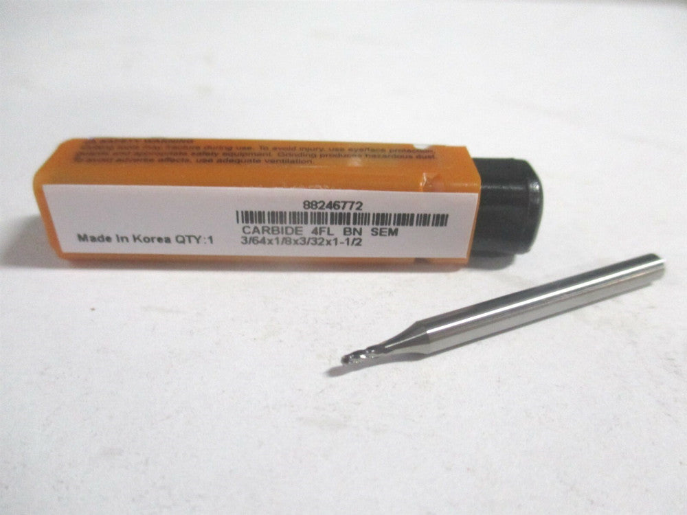 (E599924512) 3/64" x 3/32" x 1/8" x 1-1/2" OAL Solid Carbide 4Fl Ball End Mill 