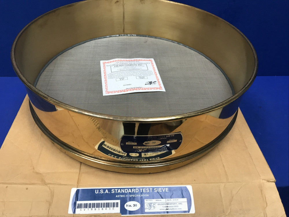 GILSON No. 30 USA Standard Test Sieve, Brass/Stainless 18"Dia x 4-1/2"Deep (NIB)