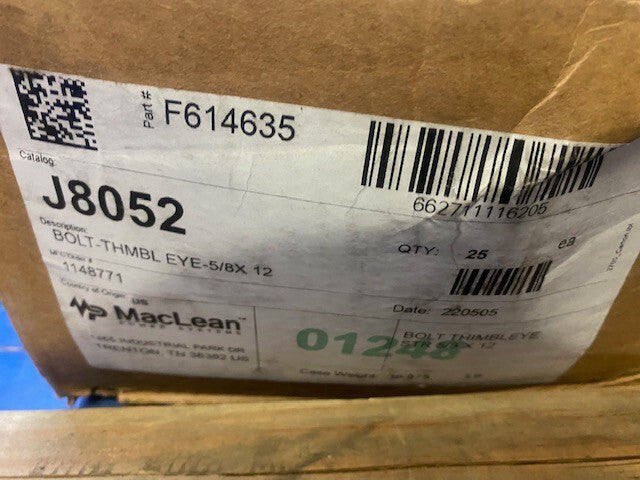 (CASE OF 25) MacLean - J8052 5/8" X 12" Thimble Eye Bolt