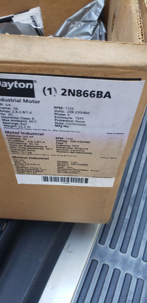 Dayton 2N866BA 3-Phase INDUSTRIAL Motor, 3/4 Hp, 56 Frame, 208-230/460V Ac (E1-4