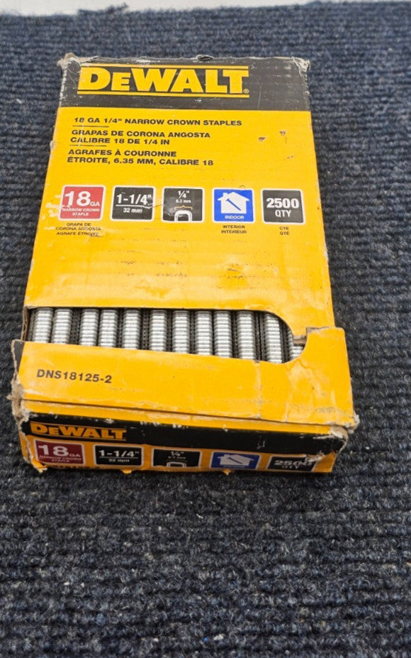 (QTY 2500) DeWalt DNS18125-2 1/4"x 1-1/4" 18GA Narrow Crown Staples for Interior
