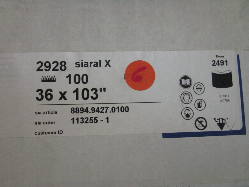 (Lot of 6) Blue Line Sia Abrasives 2928 36x103" 100 grit # 8894.9427.0100 (NEW)