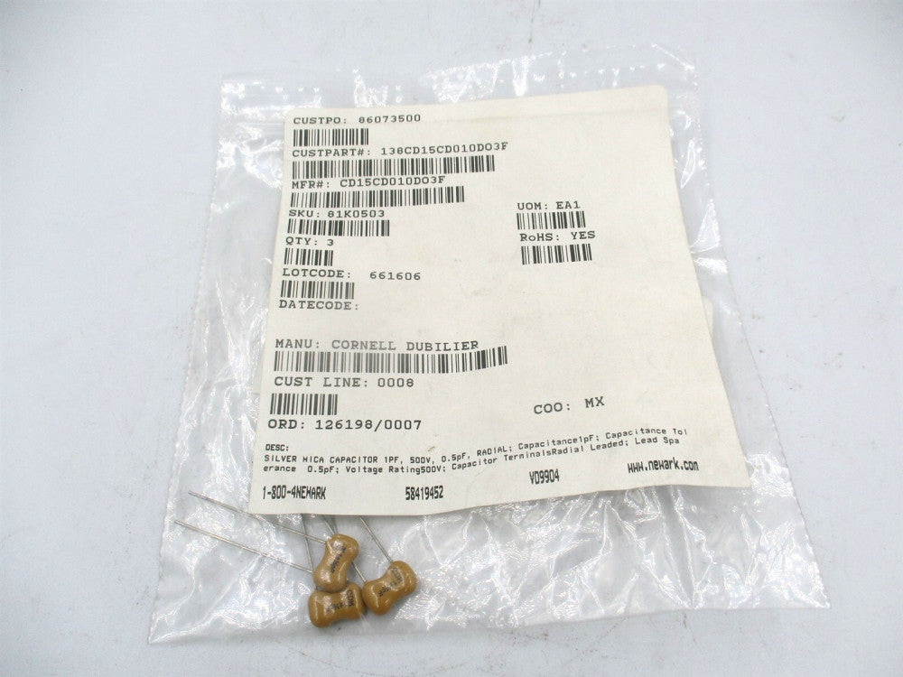 Cornell Dubilier CD15CD010DO3F 500V 6mm Radial Leaded Mica Capacitor - Qty 3