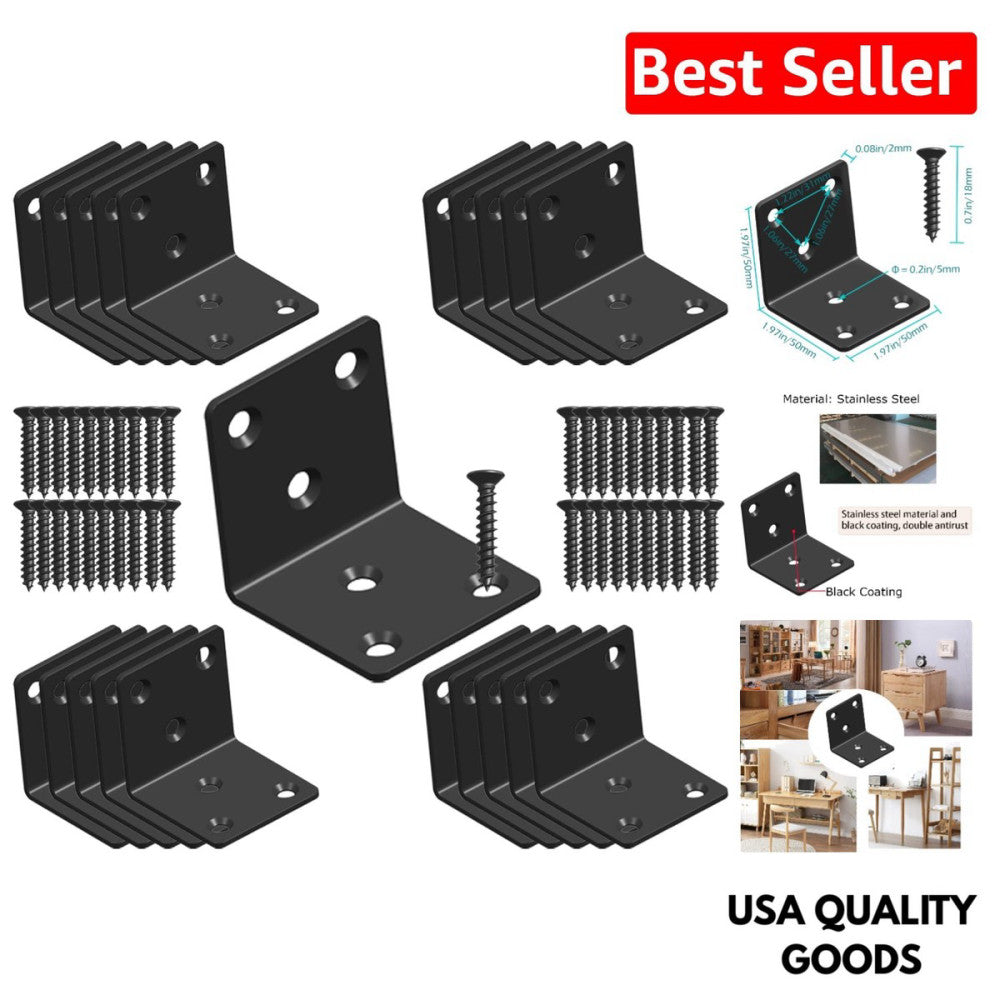Versatile Black Stainless Steel 2x2 Inch Corner Brackets for Home Use - 16 Pack