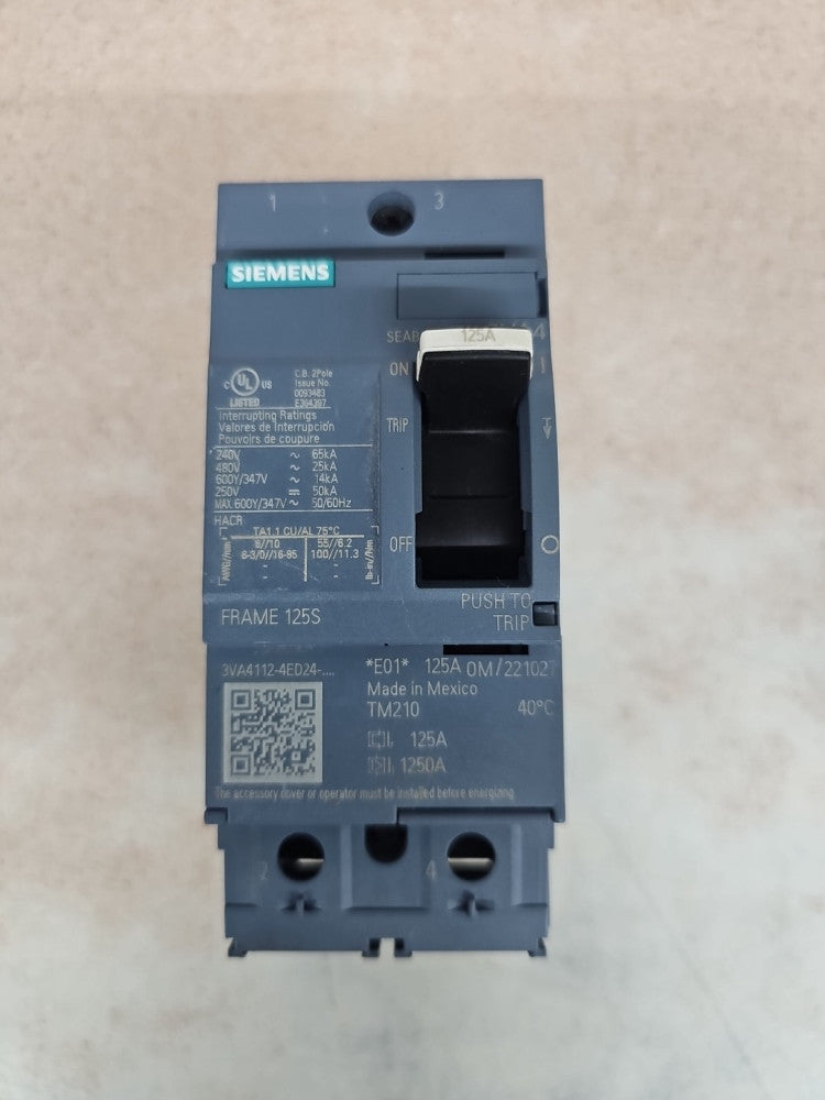 New Take Out Siemens 3VA4112-4ED24-0AA0 2 pole 125 amp 25kA 480v Circuit Breaker