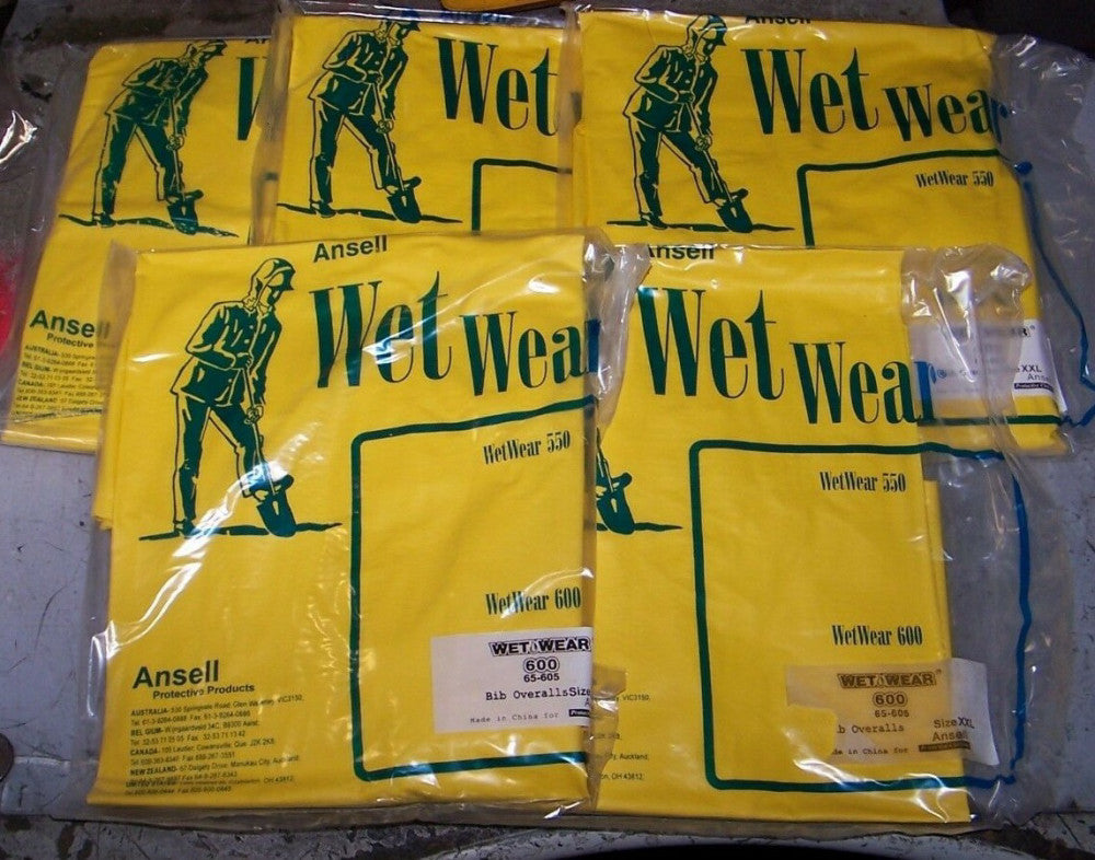 5) NEW ANSELL XXL WET WEAR BIB OVERALLS YELLOW PVC HEAVY DUTY UNLINED 65-605