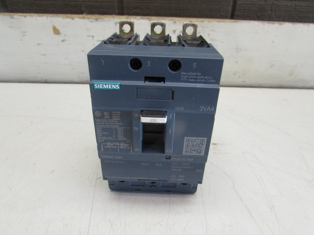SIEMENS 3VA4145-6ED34-0AA0, CIRCUIT BREAKER,  3P/45A/480V,65kA  MAKE OFFER!