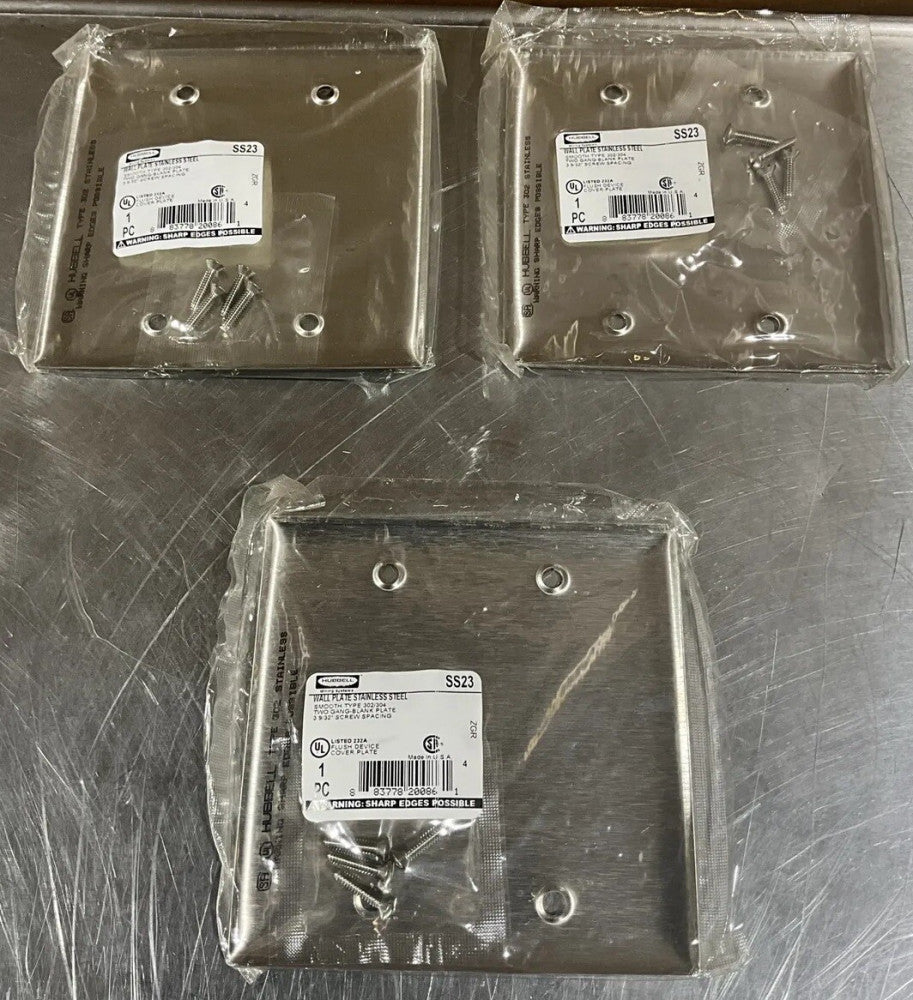 Lot Of 3, HUBBELL SS23 Blank Box Mount Wall Plate, 2 Gang, Silver  NOS Surplus