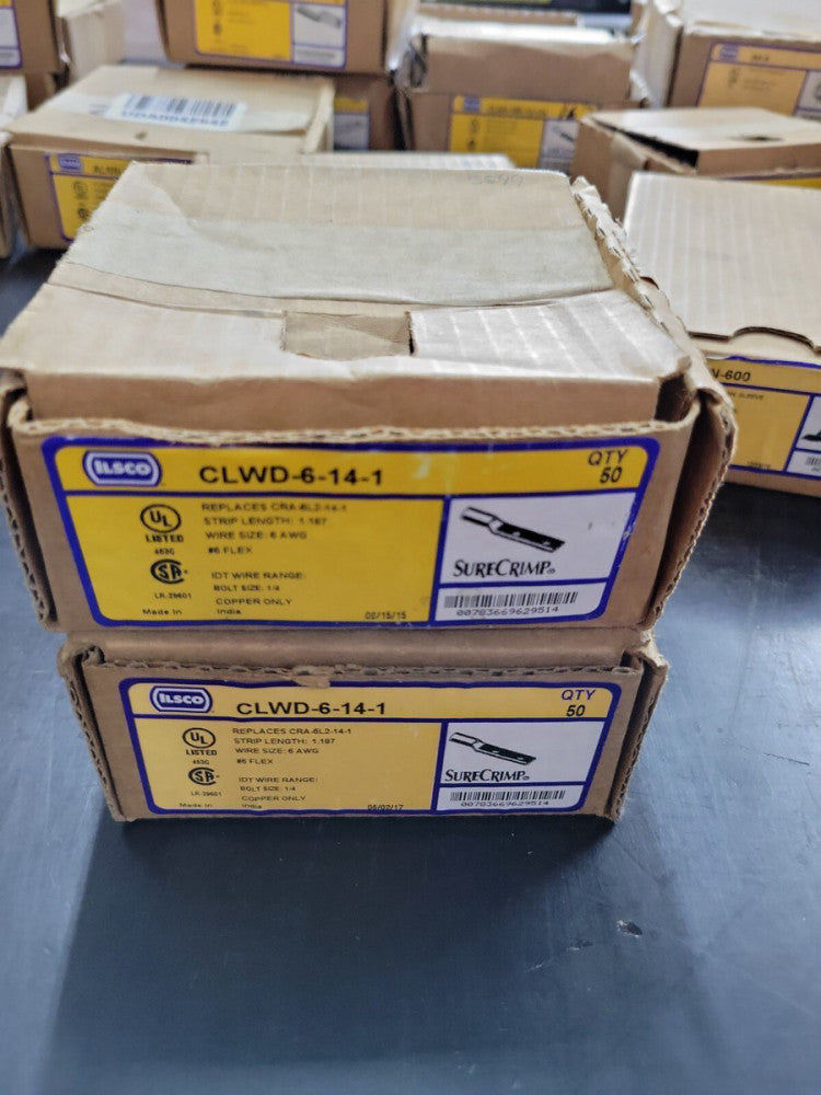 NEW BOX OF 50 ILSCO CLWD-6-14-1 COMPRESSION LUG
