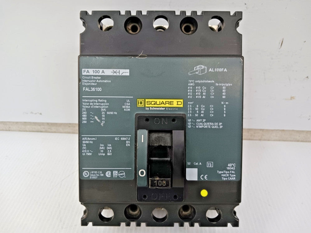 Square D 100 Amp Circuit Breaker 3 Pole 600 VAC / 250 VDC 18kA FAL36100