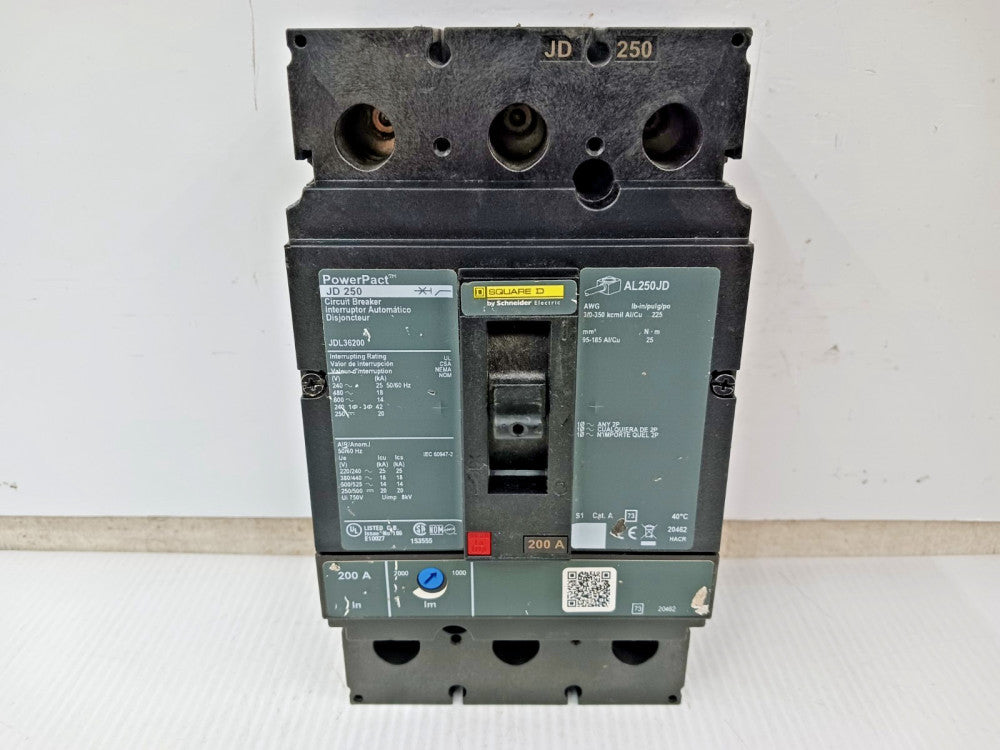 Square D PowerPact 200 Amp Circuit Breaker 3 Pole 600 VAC / 250 VDC JDL36200