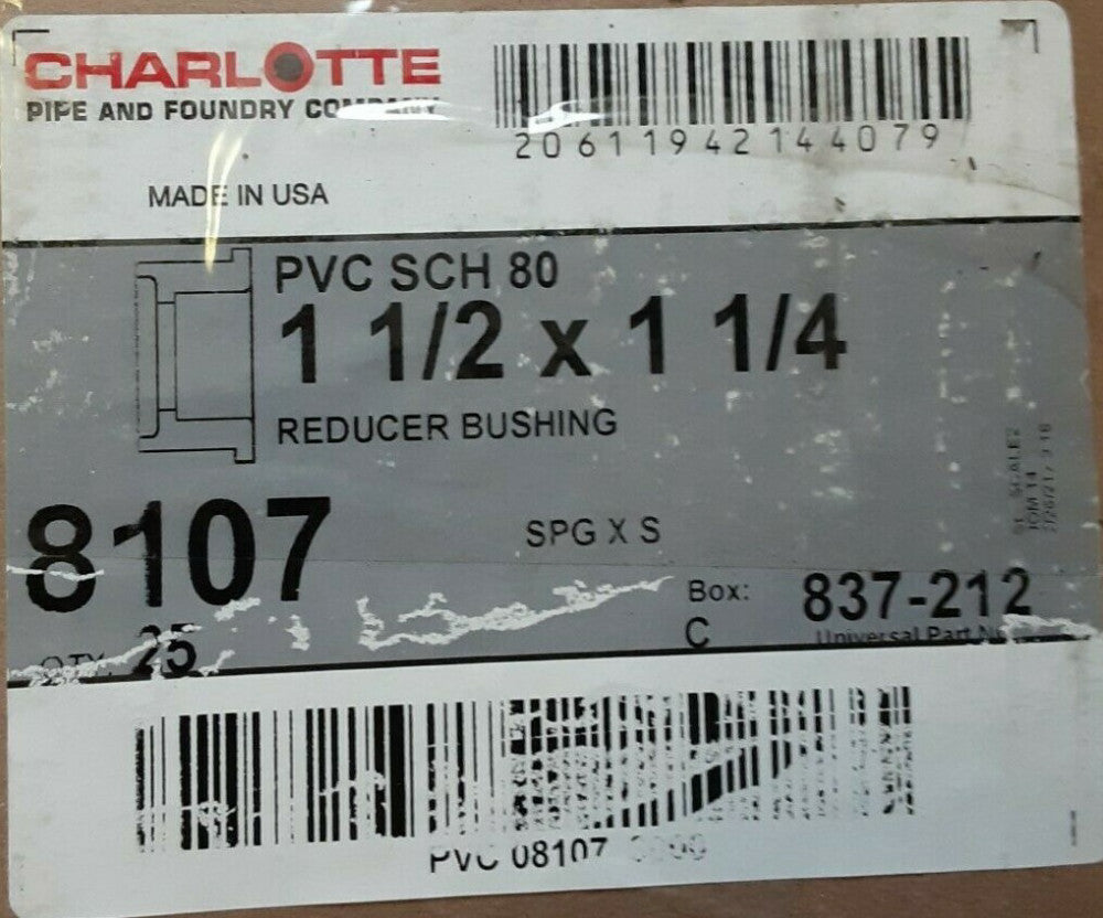 BRAND NEW charlotte reducer bushing 1&1/2x1&1/4 8107,837-212 (25 PC BOX)