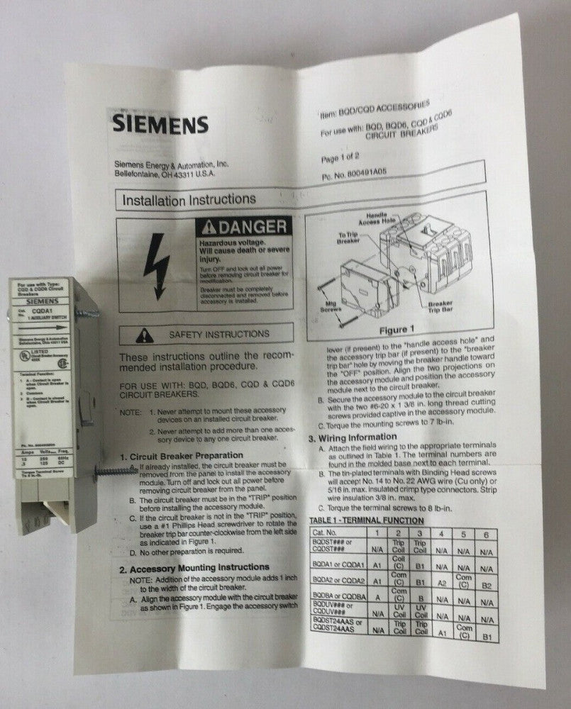 SIEMENS CQDA1 AUXILIARY SWITCH 250 VDC 60HZ 15 AMP 