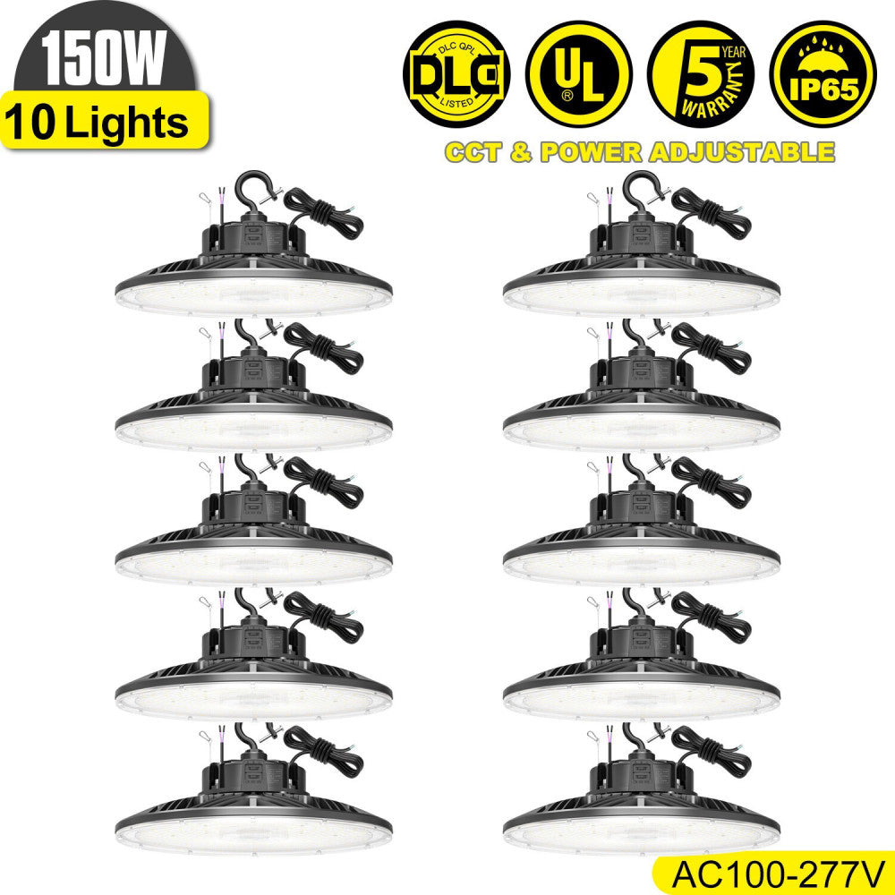 10Pack 150W UFO High Bay LED Light 3000K/4000K/5000K Adjustable, 22500Lumens DLC