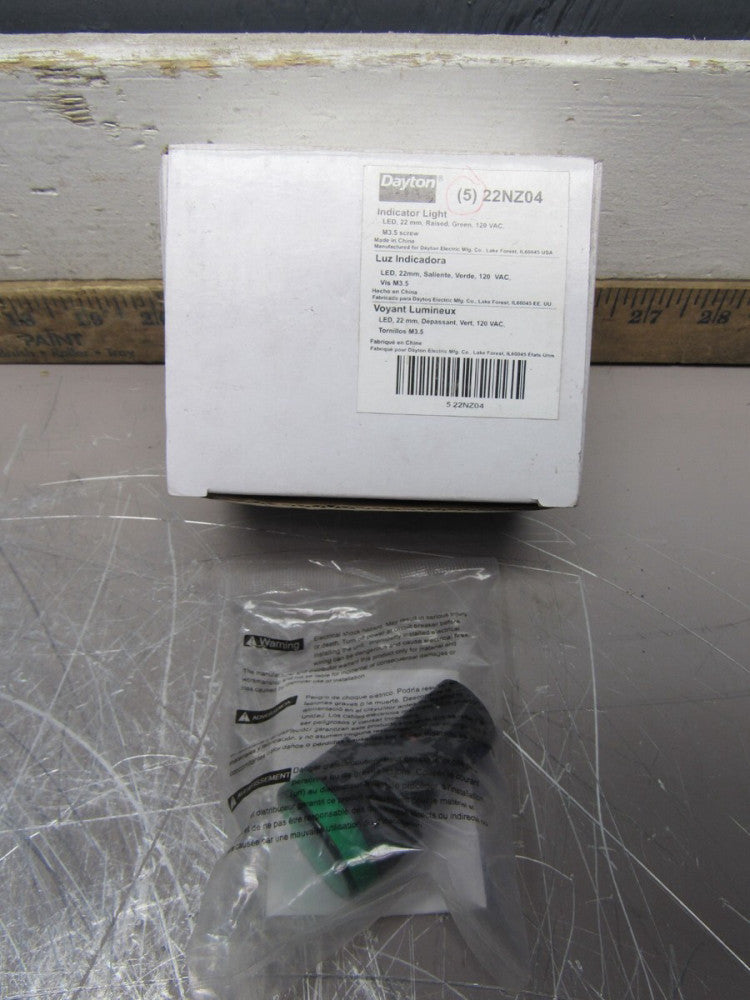BOX OF 5QTY DAYTON INDICATOR LIGHTS 22NZ04 GREEN 22MM 120VAC RAISED NEW IN BOX