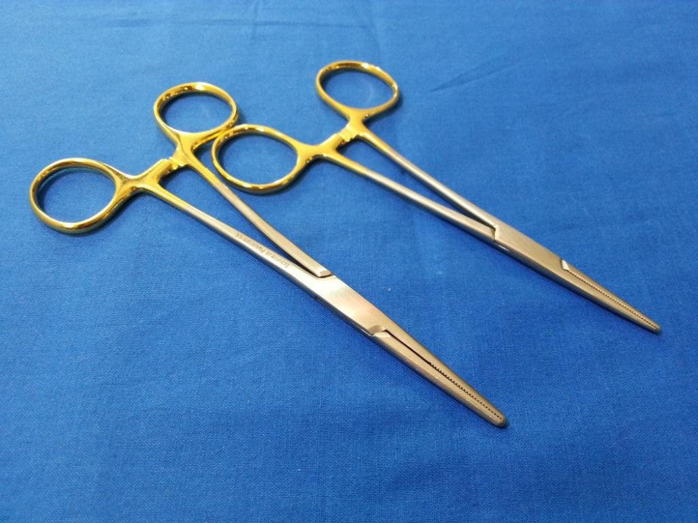 2 PCS GOLD HANDLE PREMIUM O.R GRADE MOSQUITO HEMOSTAT LOCKING FORCEPS 5" STRA...