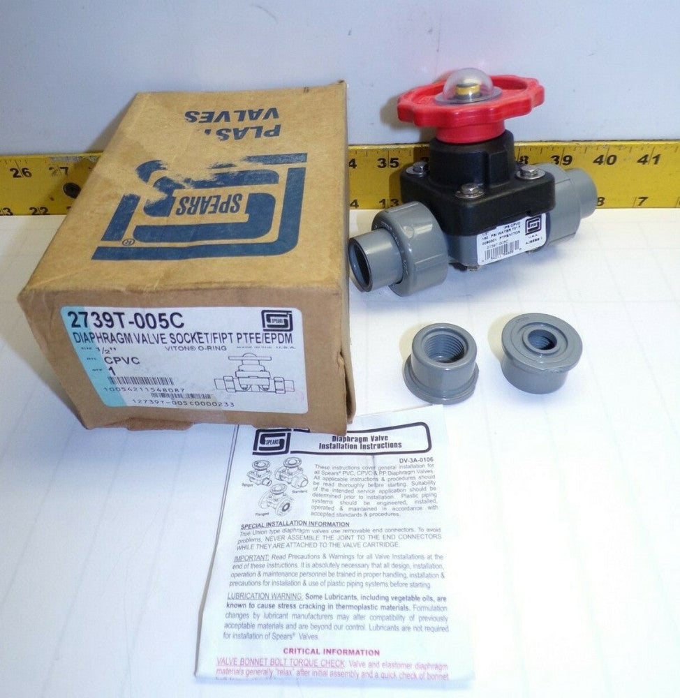 NEW SPEARS 1/2" SOCKET END TRUE UNION DIAPHRAGM VALVE FIPT PTFE/EPDM  2739T-005C