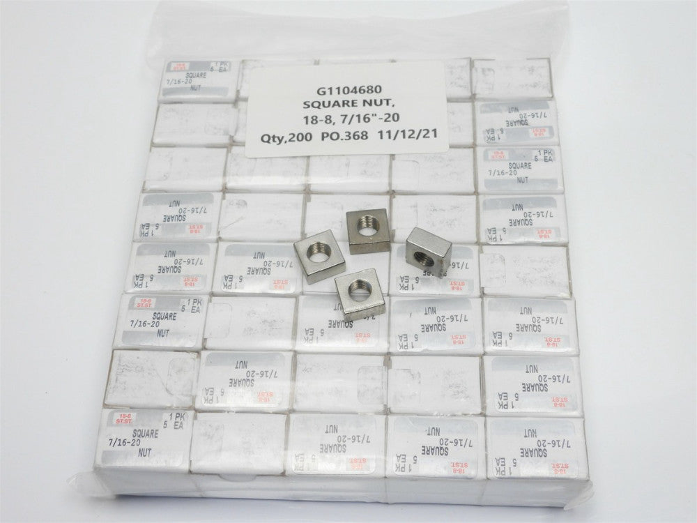 Qty=200 Square Nut 7/16-20 18-8 Stainless Steel 3/4" Wide x 3/8" Tall