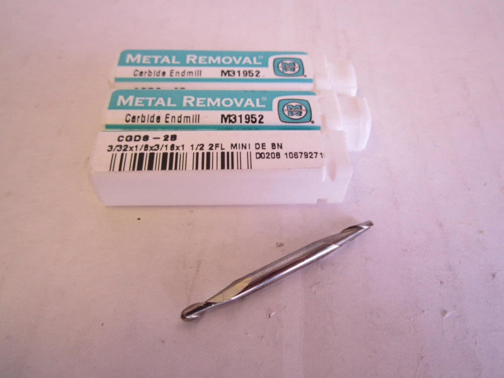 Metal Removal 3/32 x 1/8 x 3/16 x 1-1/2" Carbide 2-Flute Endmill New - Lot of 3 