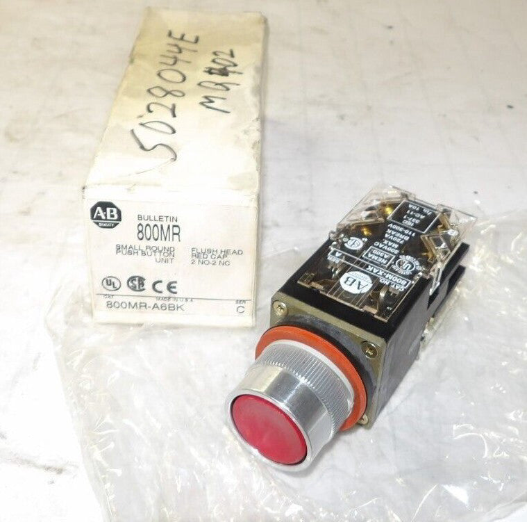 NEW ALLEN BRADLEY SMALL ROUND 22 MM FLUSH HEAD PUSHBUTTON RED 300 VAC 800MR-A6BK