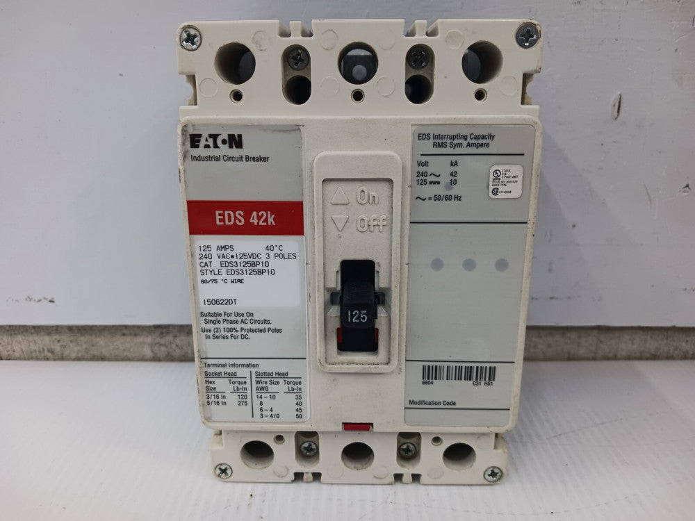 Eaton 125 Amp Circuit Breaker 3 Pole 240 VAC / 125 VDC EDS3125BP10 (Chipped)