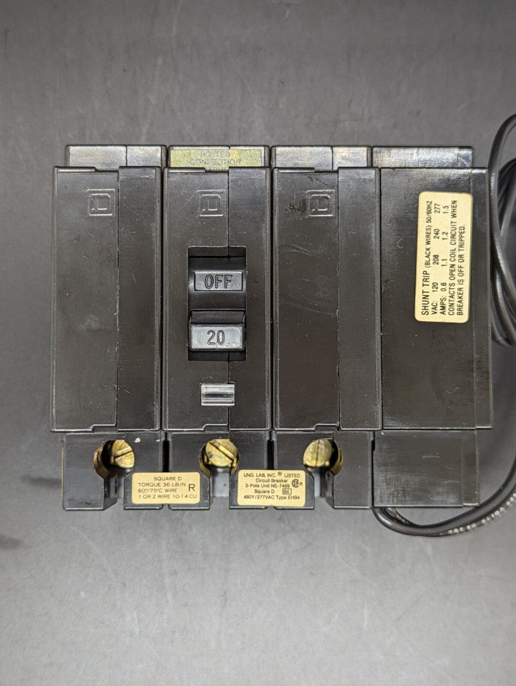 Square D EHB340201082 3 Pole 480V 20 Amp Bolt On Breaker 120/277VAC Shunt Trip