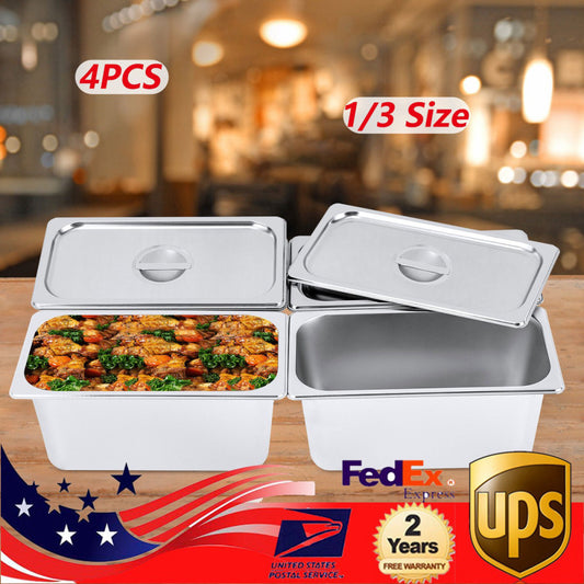 4 Pack 6" Deep 1/3 Size Stainless Steel Steam Table Pans w/ Lids Hotel Food Prep