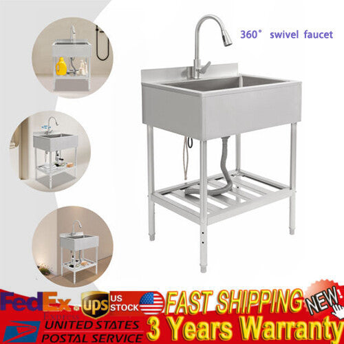 Commercial Single-Bowl Stainless Steel Sink Outdoor Utility Sink Free Standing 