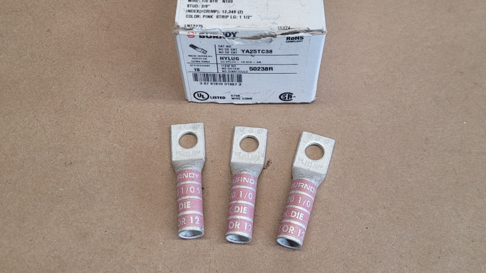Lot of 3 Burndy YA25TC38 Hylug Lugs Pink 3/8" Stud Wire: 1/0 STR N100