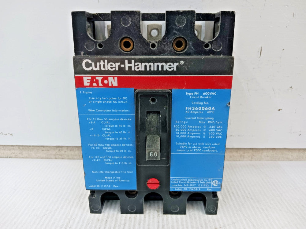 Eaton 60 Amp Circuit Breaker 3 Pole 600 VAC / 250 VDC 30kA FH360060A