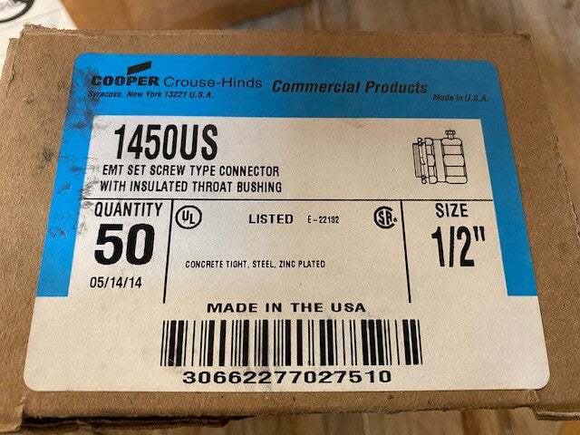 (50 Pack) Crouse-Hinds 1450US Straight Insulated EMT Set-Screw Connector 1/2"