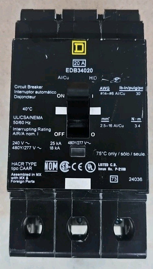 Square D EDB34020 Bolt On Circuit Breaker 3P / 480/277V / 20 Amp NTO