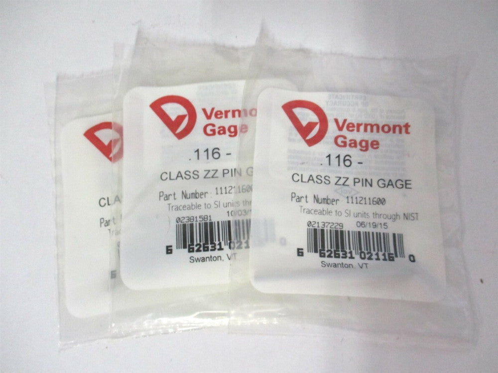 Vermont Gage (111211600) 0.116" Diam Class ZZ Minus Plug & Pin Gage - Lot of 3