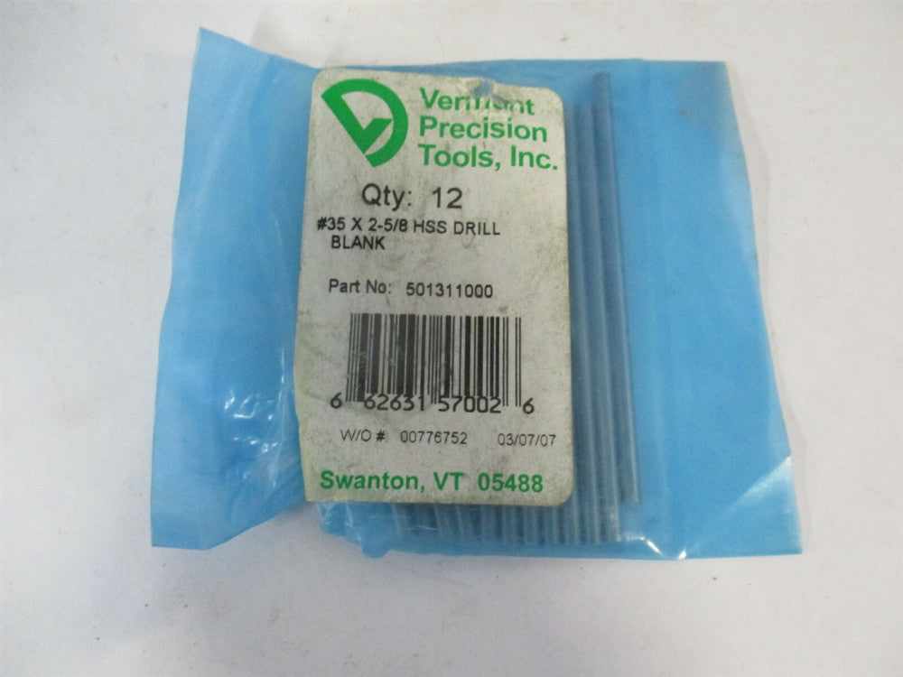 Vermont Gage (501311000) 0.1100 x 2-5/8" OAL HSS #35 Jobber Drill Blank - Qty 12