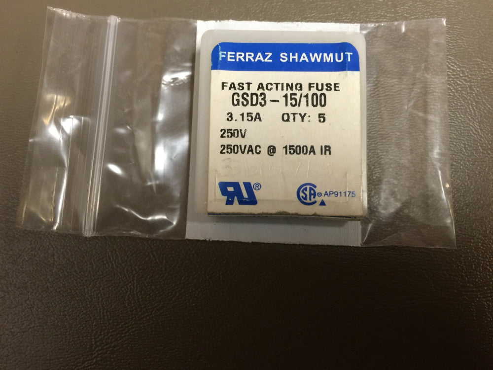 NEW FERRAZ SHAWMUT GSD3-15-100 250V 3-15/100A 5X20MM FA FUSES Lot of 5